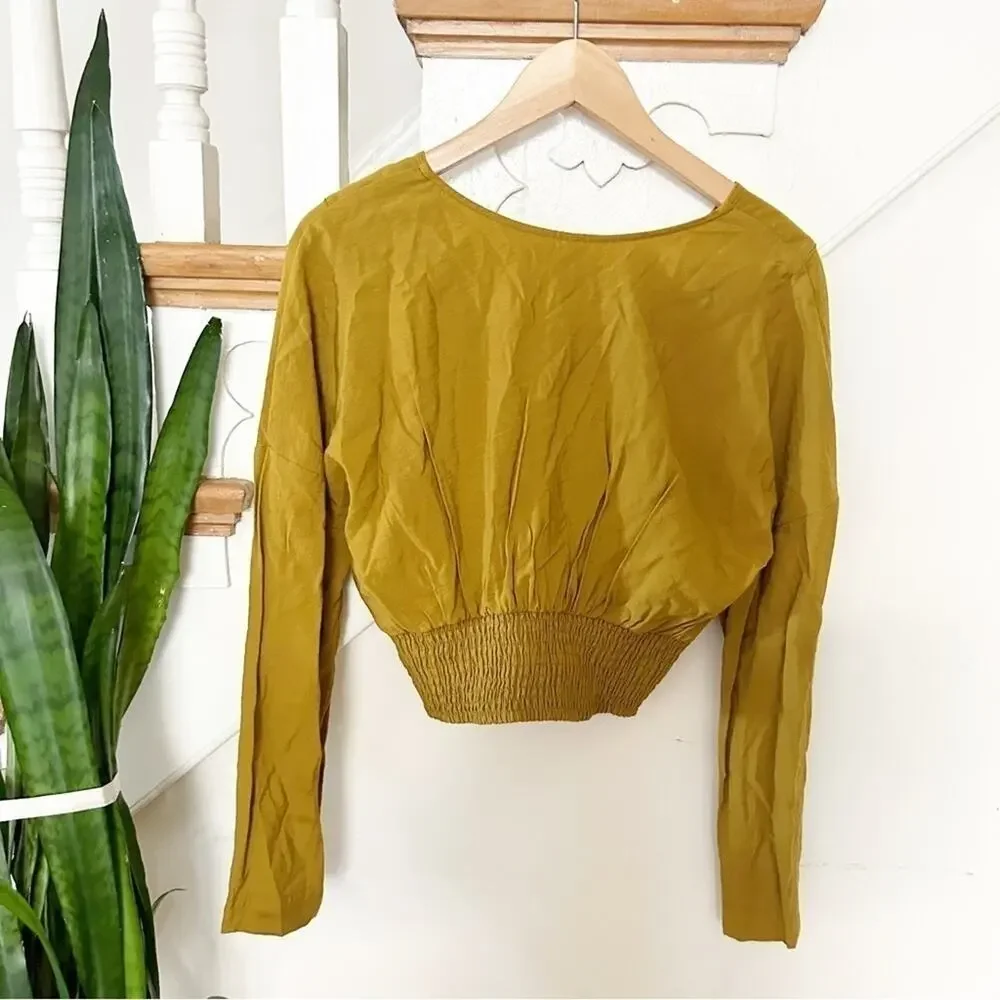 Free People Mustard Yellow Long Sleeve Smocked Forever Yours Cropped Top Size S